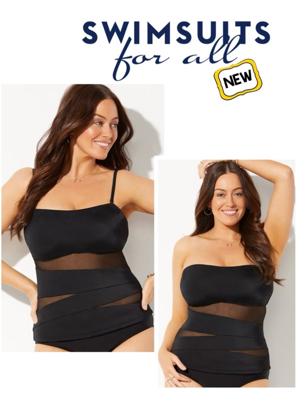 SWIMSUITS FOR ALL Black Mesh Wrap Bandeau Tankini Top Poolside Glamour Plus 20